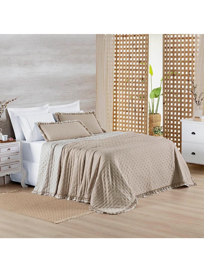 Kit cobre leito colcha vitta king matelado c/ babadinhos 200 fios 3 peças bege