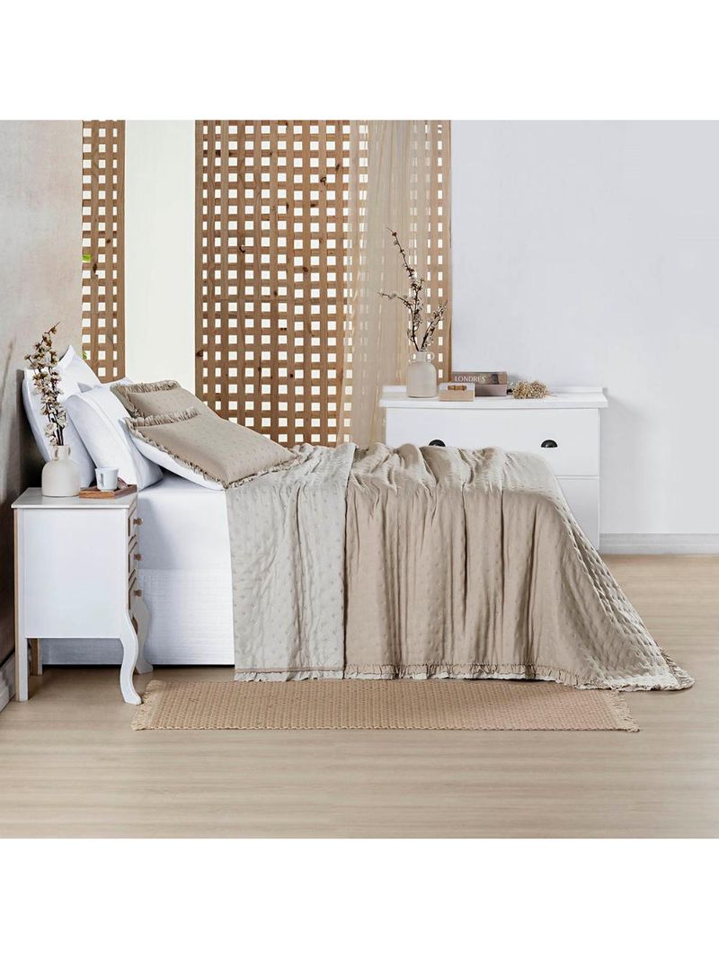 Kit cobre leito colcha vitta king matelado c/ babadinhos 200 fios 3 peças bege