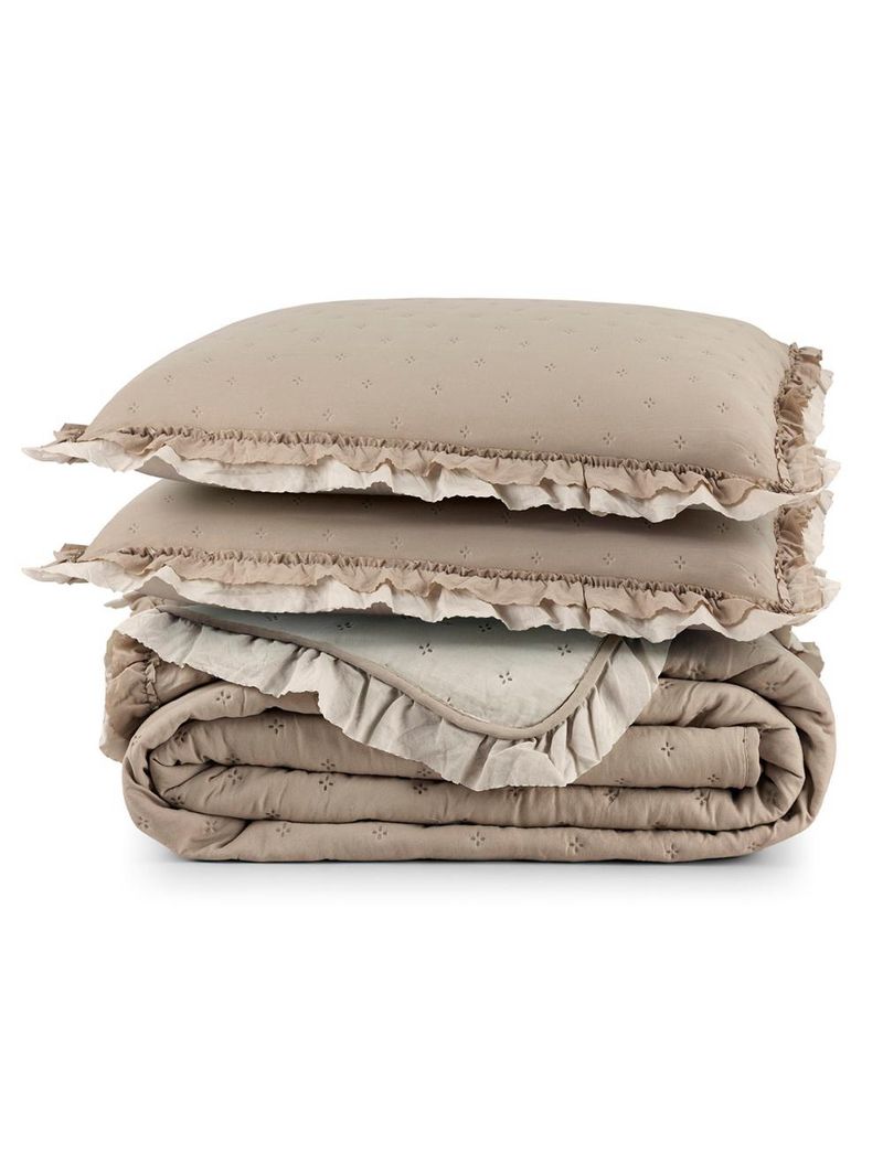 Kit cobre leito colcha vitta king matelado c/ babadinhos 200 fios 3 peças bege