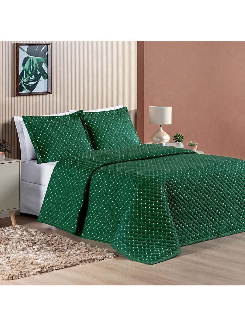 Kit cobre leito colcha vênus casal dupla face micropercal 200 fios liso 3 peças - verde esmeralda