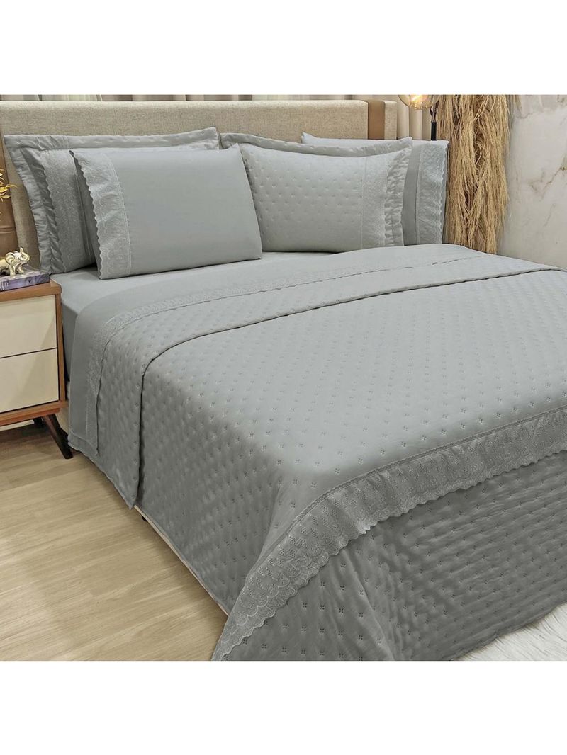 Kit coordenado grécia cobre leito + jogo de cama king bordado inglês 300 fios - 7 peças - cinza
