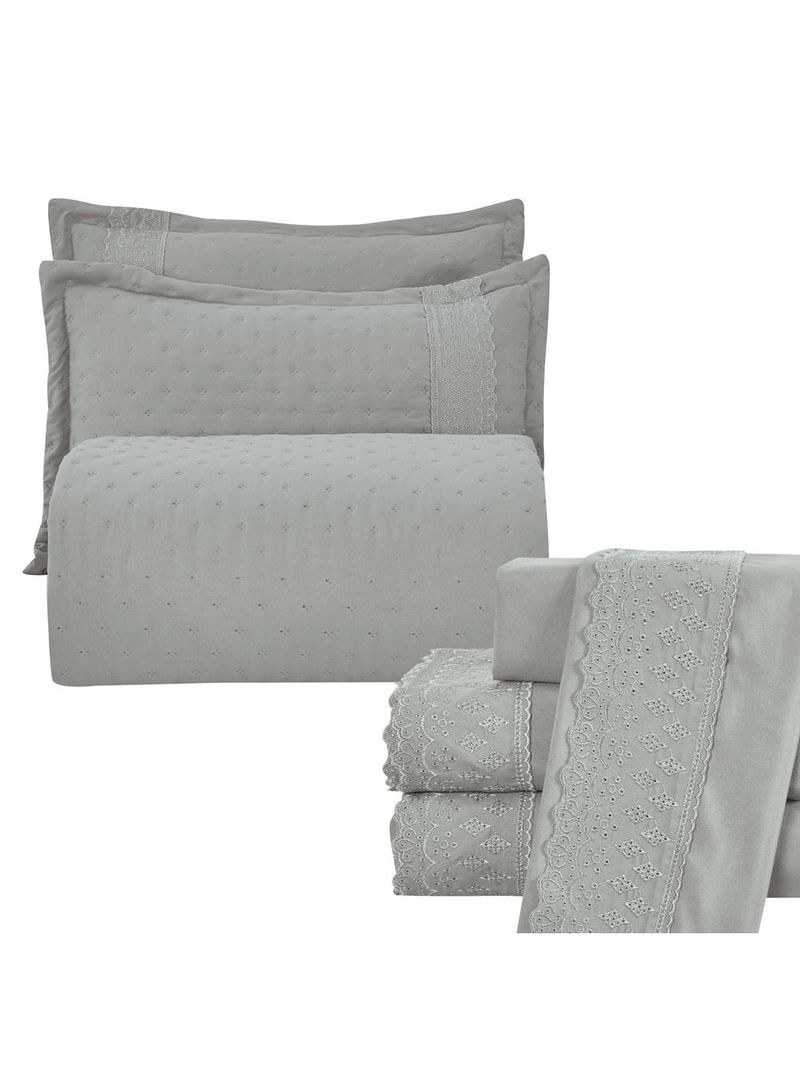 Kit coordenado grécia cobre leito + jogo de cama king bordado inglês 300 fios - 7 peças - cinza