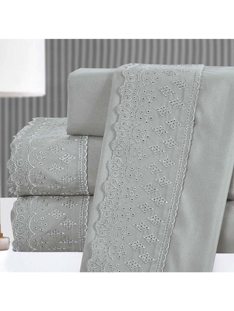 Kit coordenado grécia cobre leito + jogo de cama king bordado inglês 300 fios - 7 peças - cinza