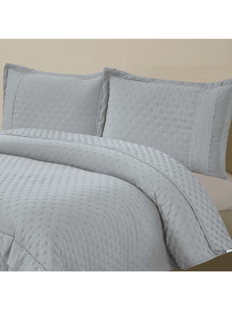 Kit coordenado grécia cobre leito + jogo de cama king bordado inglês 300 fios - 7 peças - cinza