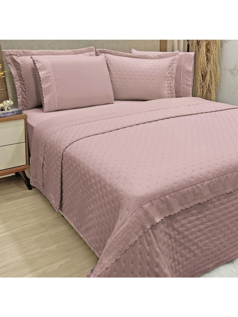 Kit coordenado grécia cobre leito + jogo de cama casal padrão bordado inglês 300 fios - 7 peças - roxo malva