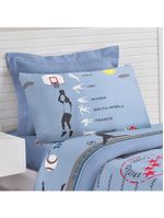 Kit edredom infantil fenômeno esportes + jogo de lençol 5 peças - azul - 100% algodão