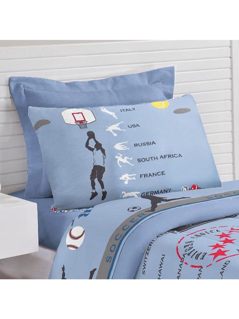 Kit edredom infantil fenômeno esportes + jogo de lençol 5 peças - azul - 100% algodão