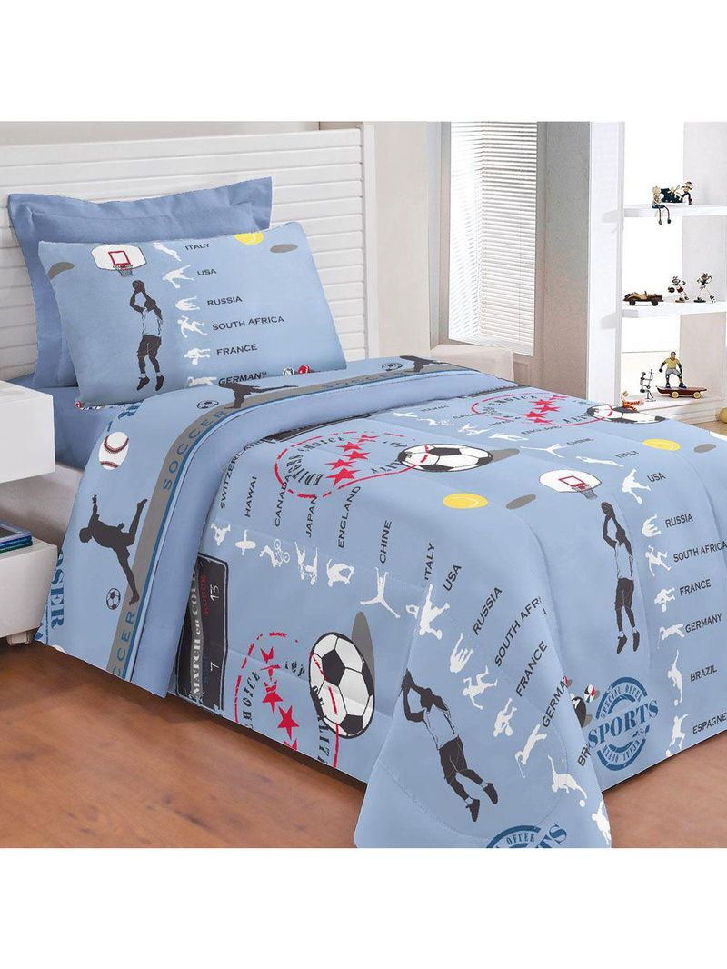Kit edredom infantil fenômeno esportes + jogo de lençol 5 peças - azul - 100% algodão