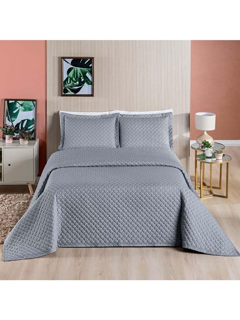 Kit cobre leito colcha vênus queen dupla face micropercal 200 fios liso 3 peças - cinza
