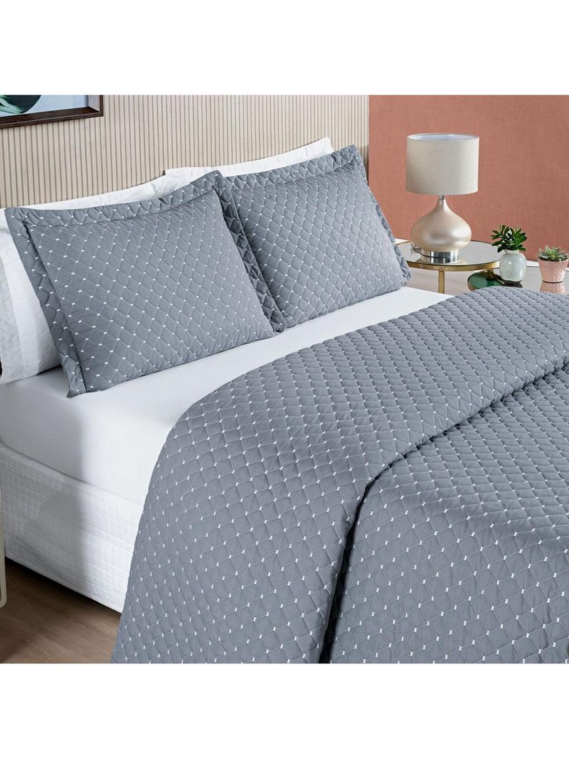 Kit cobre leito colcha vênus queen dupla face micropercal 200 fios liso 3 peças - cinza