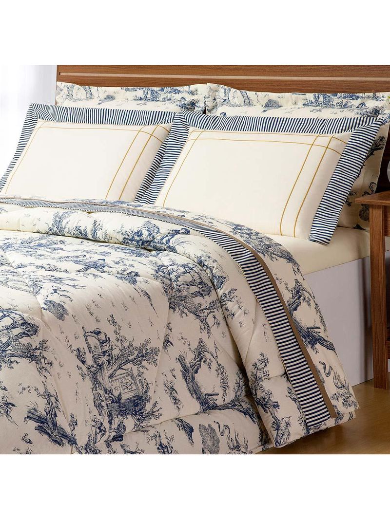 Kit edredom martin queen estampado + lençol 07 peças - palha