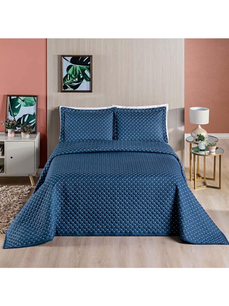 Kit cobre leito colcha vênus queen dupla face micropercal 200 fios liso 3 peças - azul marinho