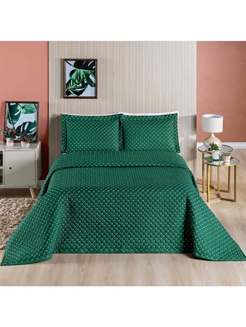 Kit cobre leito colcha vênus queen dupla face micropercal 200 fios liso 3 peças - verde esmeralda