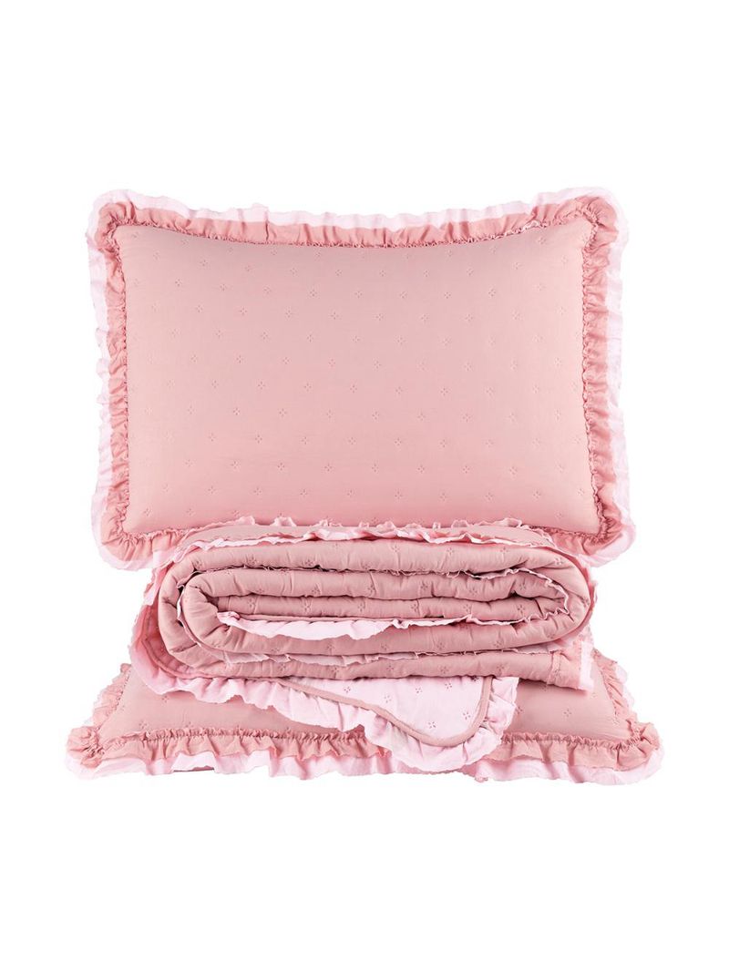 Kit cobre leito colcha vitta king matelado c/ babadinhos 200 fios 3 peças rosa