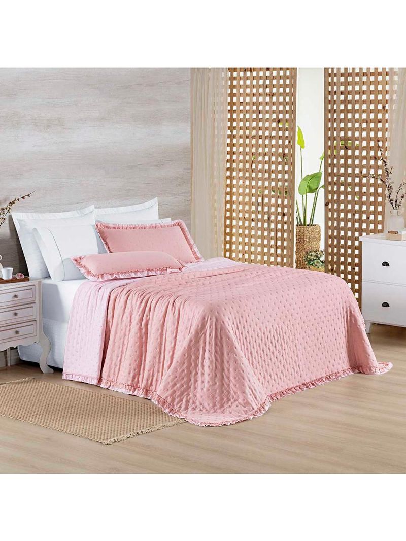 Kit cobre leito colcha vitta king matelado c/ babadinhos 200 fios 3 peças rosa