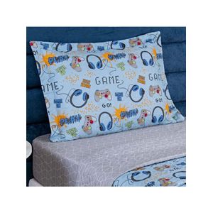 Kit cobre leito colcha solteiro infantil fantasy dupla face microfibra 2 peças - games - azul