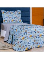 Kit cobre leito colcha solteiro infantil fantasy dupla face microfibra 2 peças - games - azul