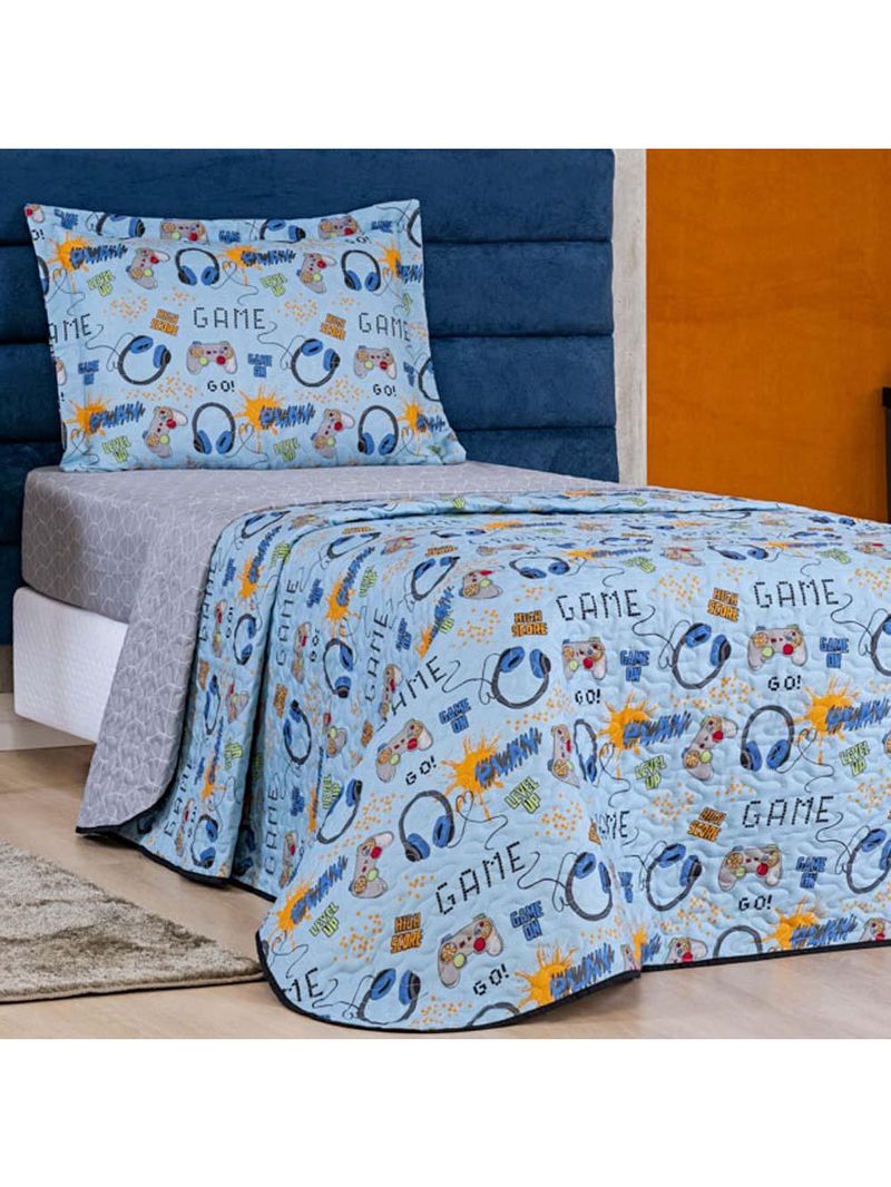 Kit cobre leito colcha solteiro infantil fantasy dupla face microfibra 2 peças - games - azul