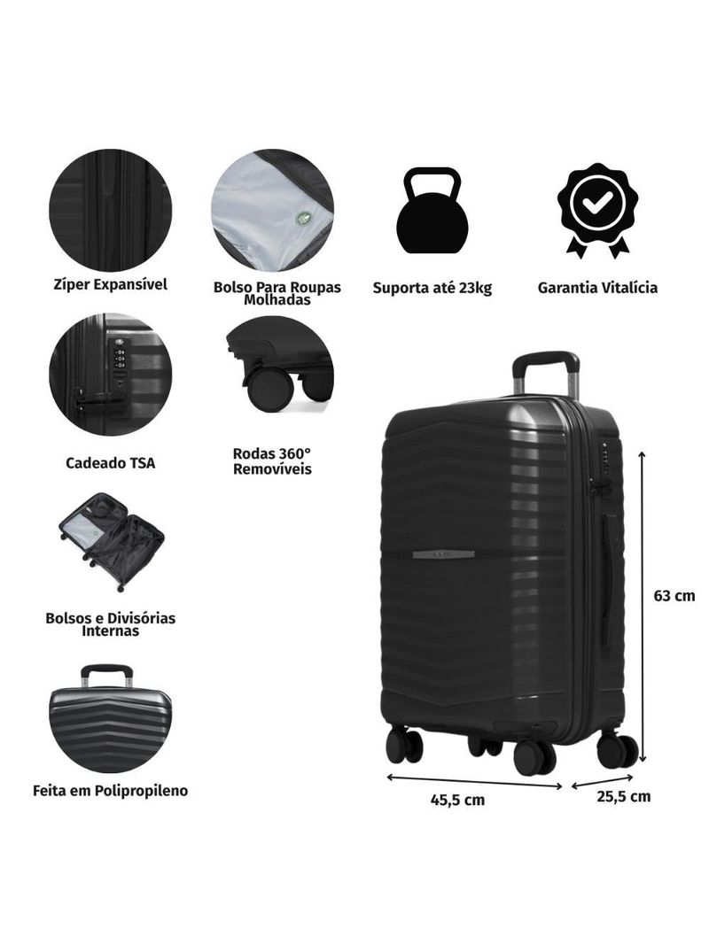 Mala Média 23 Kg Polipropileno 4 Rodas Hong Kong Preta