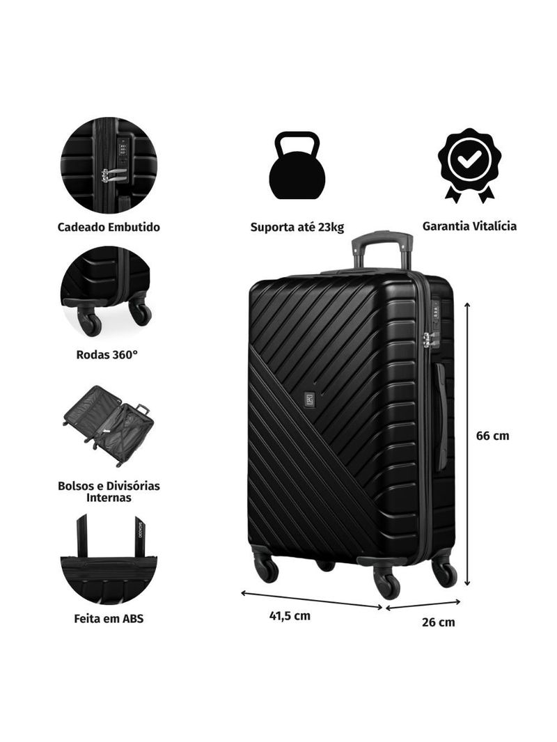 Mala Média 23 Kg ABS 4 Rodas 26" Detroit - Preta