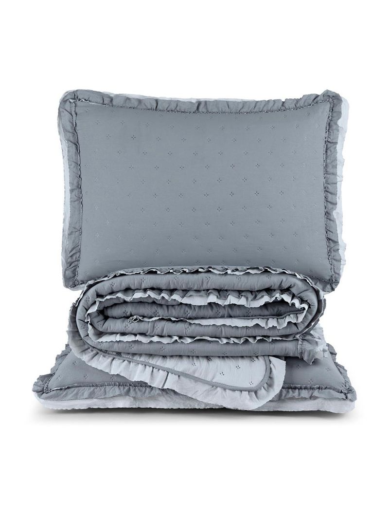 Kit cobre leito colcha vitta casal padrão matelado c/ babadinhos 200 fios 3 peças cinza