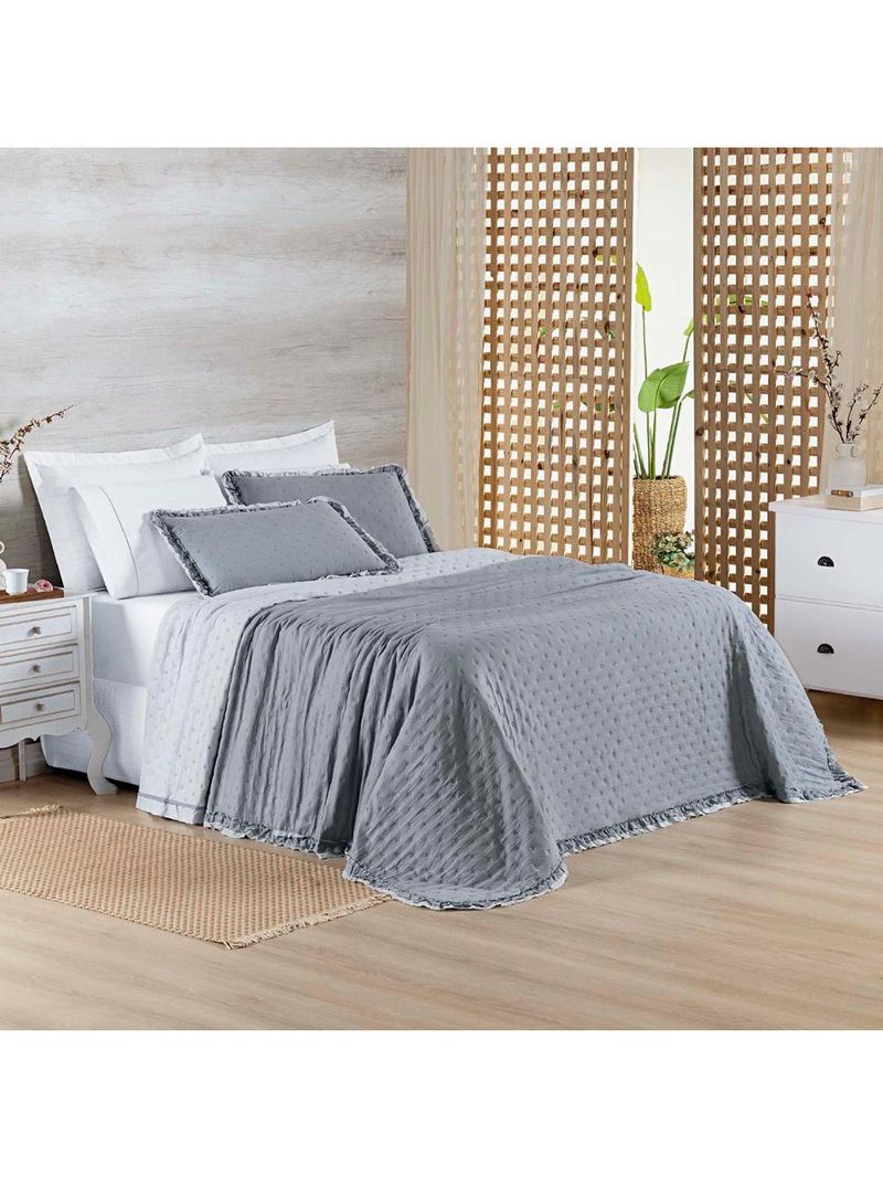 Kit cobre leito colcha vitta casal padrão matelado c/ babadinhos 200 fios 3 peças cinza