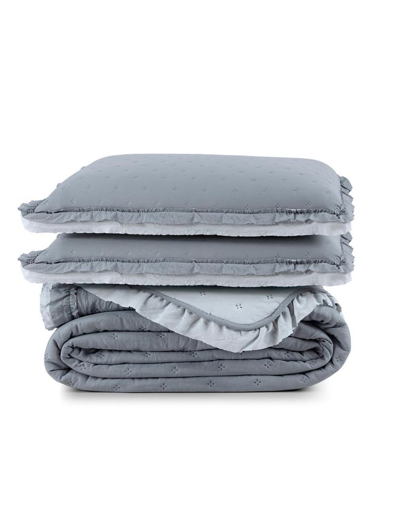 Kit cobre leito colcha vitta casal padrão matelado c/ babadinhos 200 fios 3 peças cinza