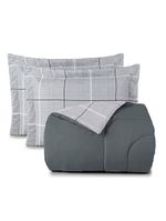 Kit edredom cobertor celi super king dupla face micropercal estampado 200 fios 3 peças xadrez grid cinza - 100% poliéste