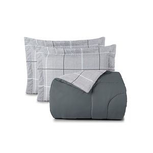 Kit edredom cobertor celi super king dupla face micropercal estampado 200 fios 3 peças xadrez grid cinza - 100% poliéste