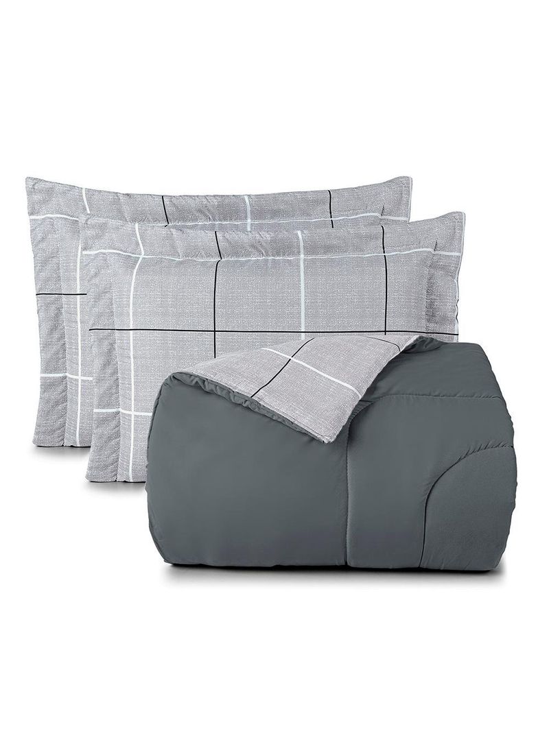 Kit edredom cobertor celi super king dupla face micropercal estampado 200 fios 3 peças xadrez grid cinza - 100% poliéste