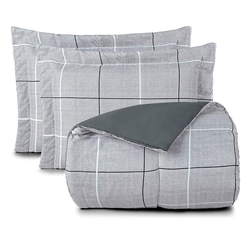 Kit edredom cobertor celi super king dupla face micropercal estampado 200 fios 3 peças xadrez grid cinza - 100% poliéste