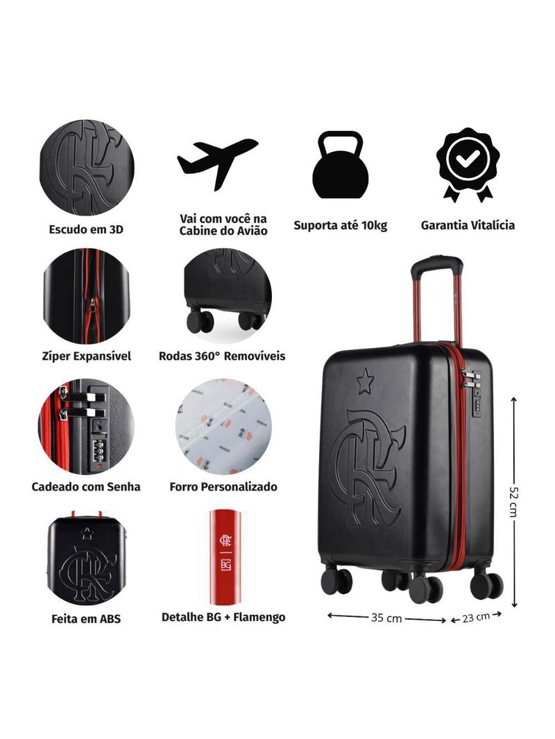 Mala de bordo 10kg abs 4 rodas flamengo crf oficial preta e vermelho