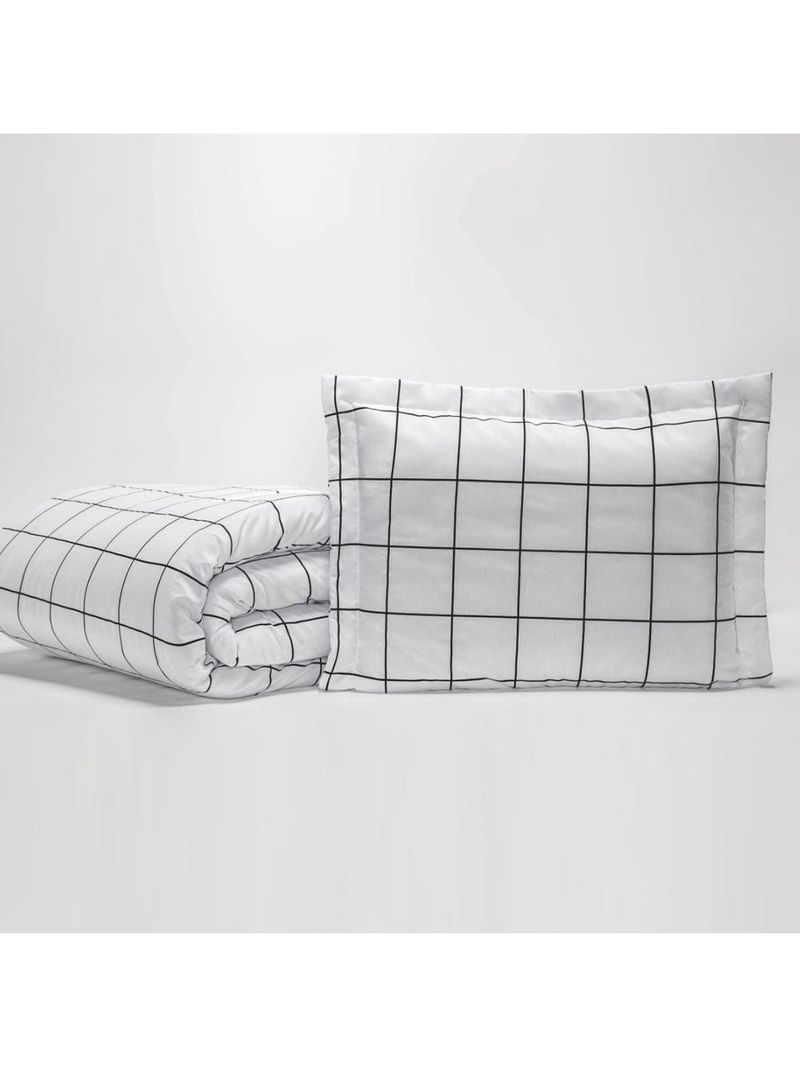 Kit edredom square queen quadriculado percal 180 fios 3 peças - branco