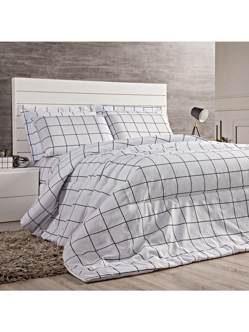 Kit edredom square queen quadriculado percal 180 fios 3 peças - branco