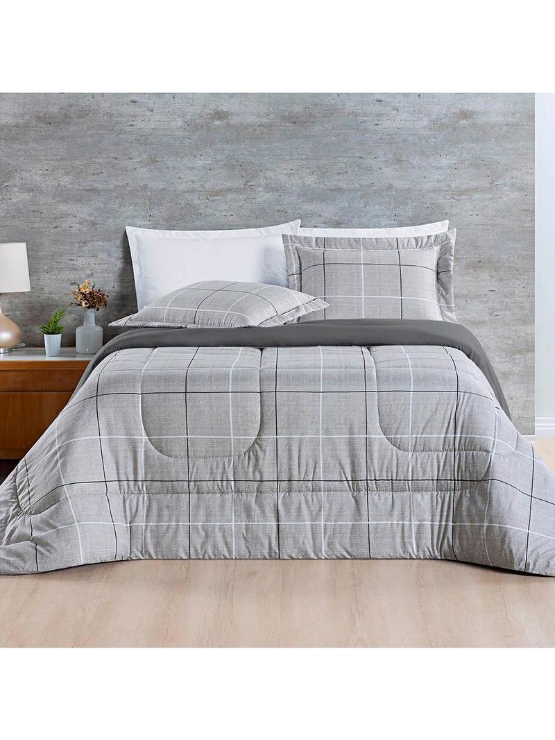 Kit edredom cobertor celi queen dupla face micropercal estampado 200 fios 3 peças xadrez grid cinza - 100% poliéster