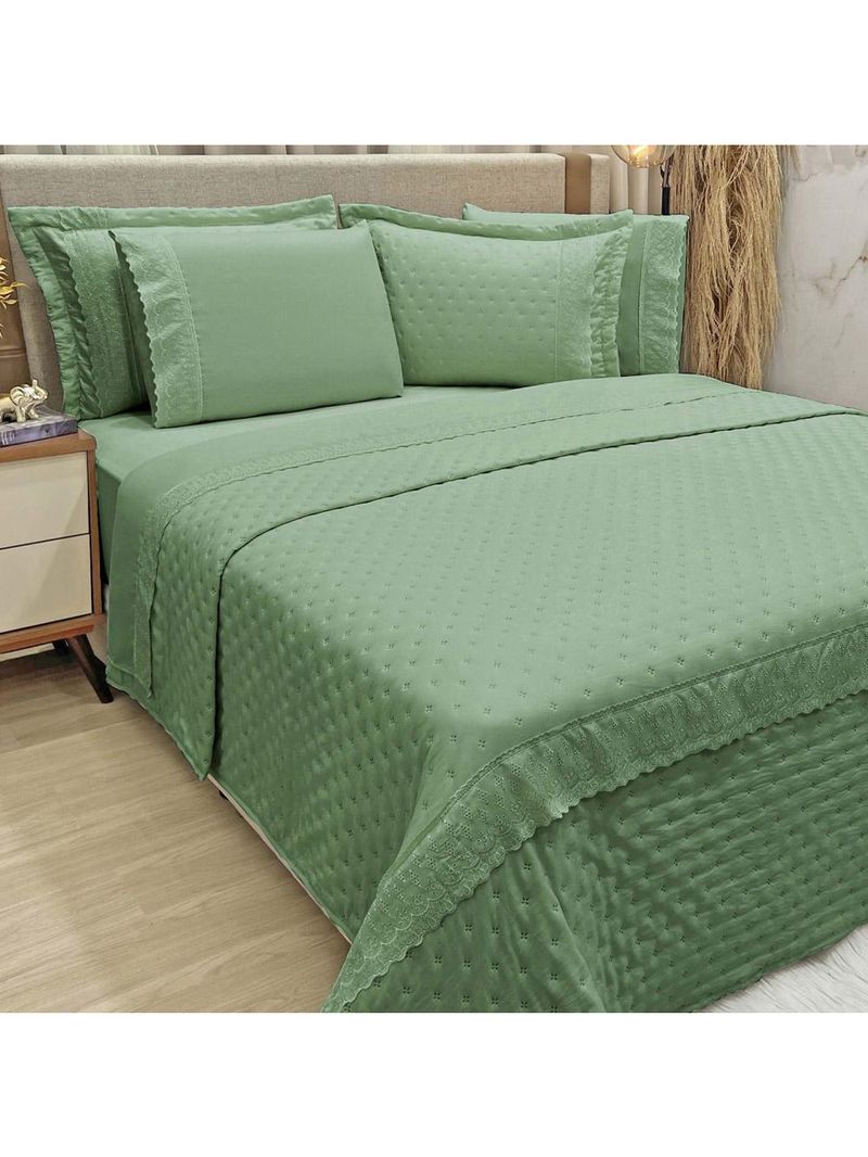 Kit coordenado grécia cobre leito + jogo de cama queen bordado inglês 300 fios - 7 peças - verde