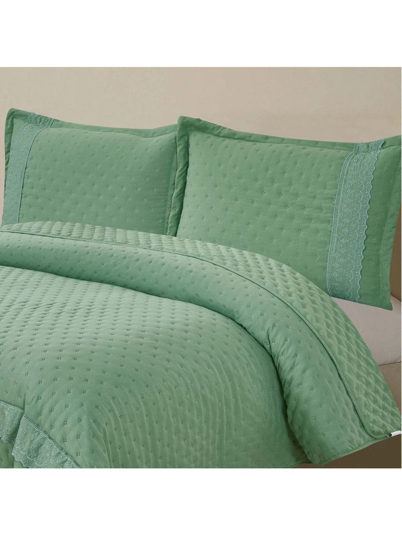 Kit coordenado grécia cobre leito + jogo de cama queen bordado inglês 300 fios - 7 peças - verde