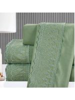 Kit coordenado grécia cobre leito + jogo de cama queen bordado inglês 300 fios - 7 peças - verde