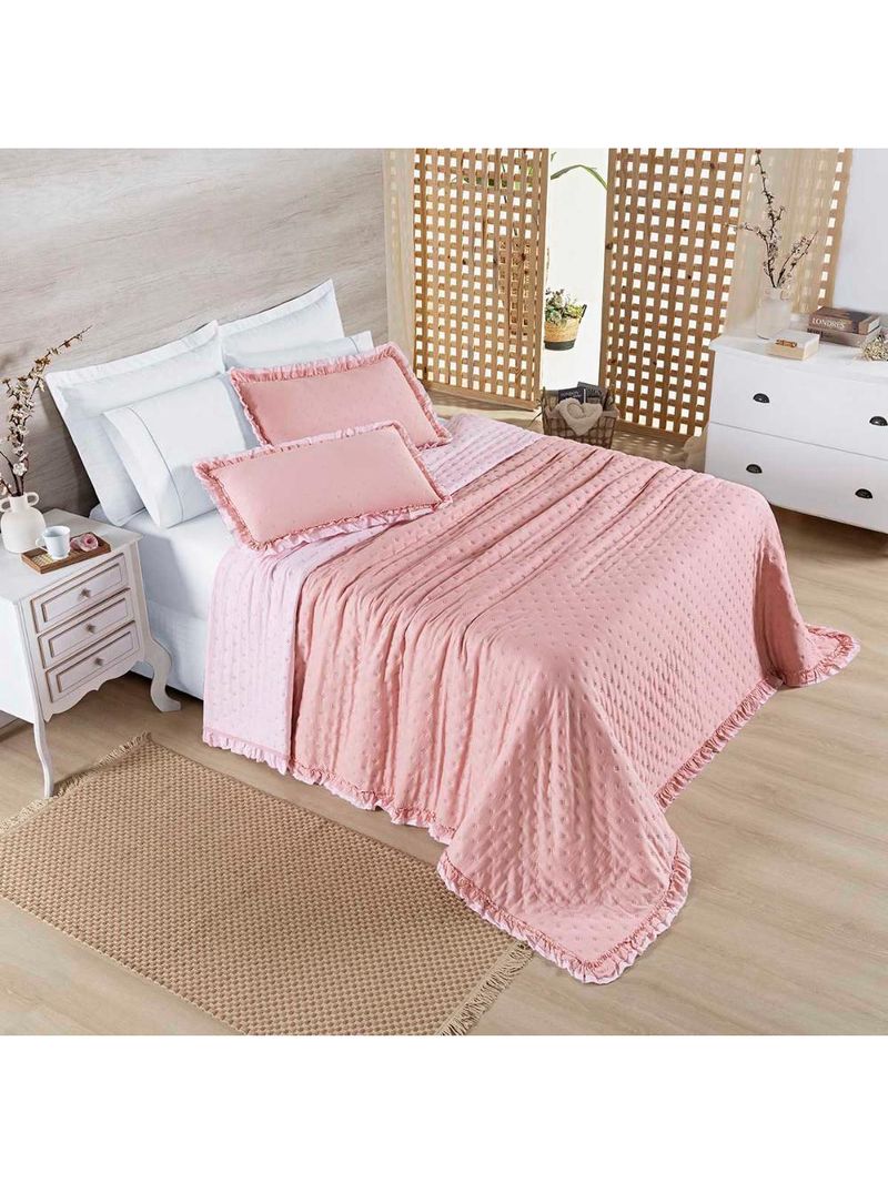 Kit cobre leito colcha vitta queen matelado c/ babadinhos 200 fios 3 peças rosa