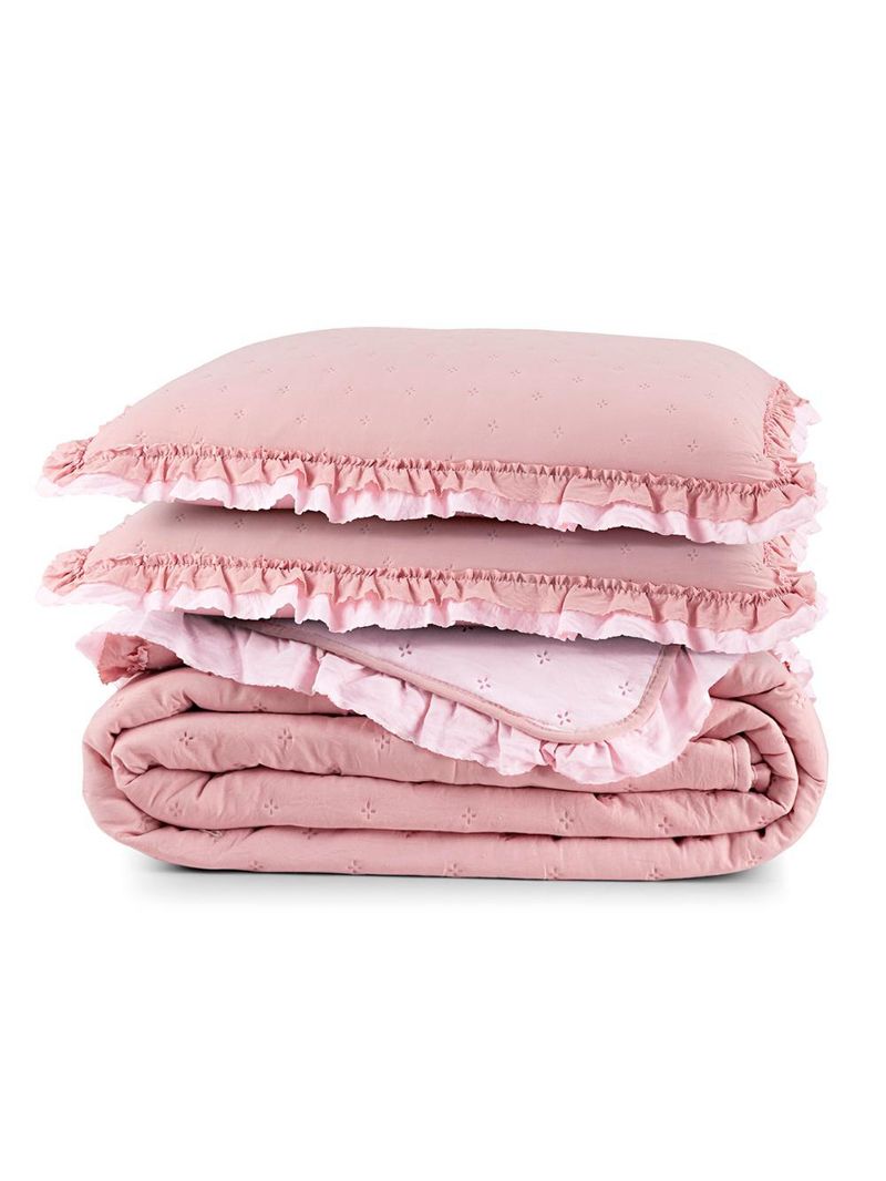 Kit cobre leito colcha vitta queen matelado c/ babadinhos 200 fios 3 peças rosa