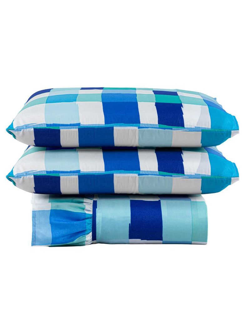 Kit cobre leito colcha turin queen estampada c/ babado 400 fios 3 peças xadrez quadriculado azul