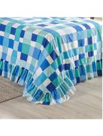 Kit cobre leito colcha turin queen estampada c/ babado 400 fios 3 peças xadrez quadriculado azul