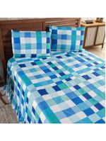 Kit cobre leito colcha turin queen estampada c/ babado 400 fios 3 peças xadrez quadriculado azul