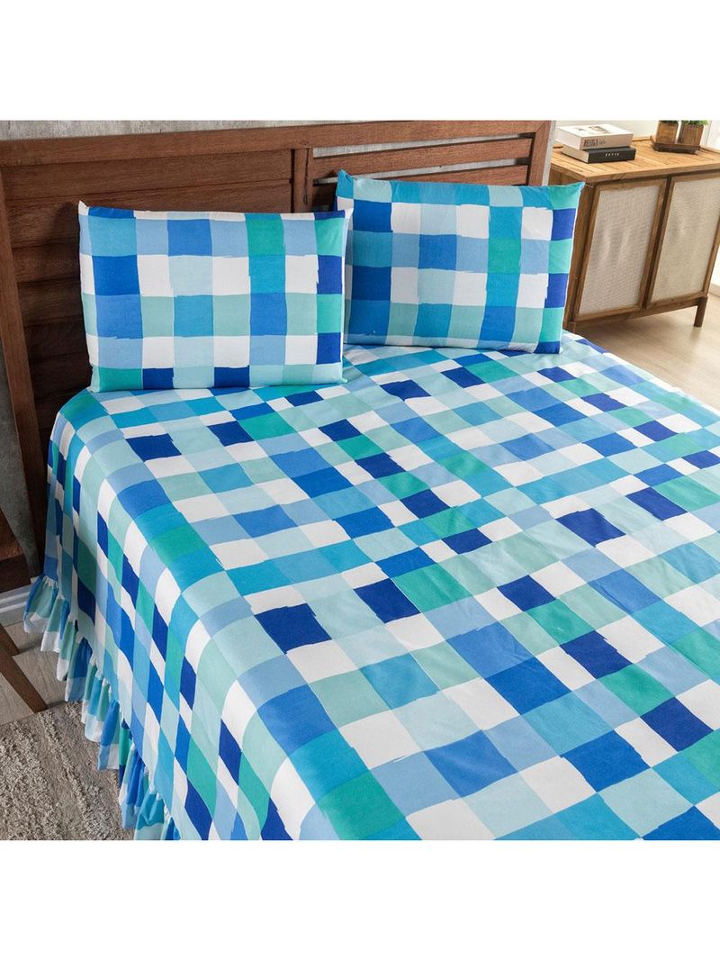 Kit cobre leito colcha turin queen estampada c/ babado 400 fios 3 peças xadrez quadriculado azul