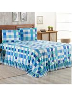 Kit cobre leito colcha turin queen estampada c/ babado 400 fios 3 peças xadrez quadriculado azul