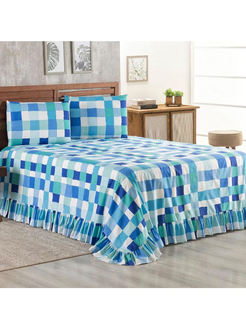 Kit cobre leito colcha turin queen estampada c/ babado 400 fios 3 peças xadrez quadriculado azul