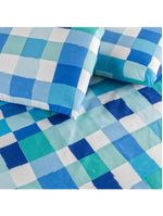 Kit cobre leito colcha turin queen estampada c/ babado 400 fios 3 peças xadrez quadriculado azul