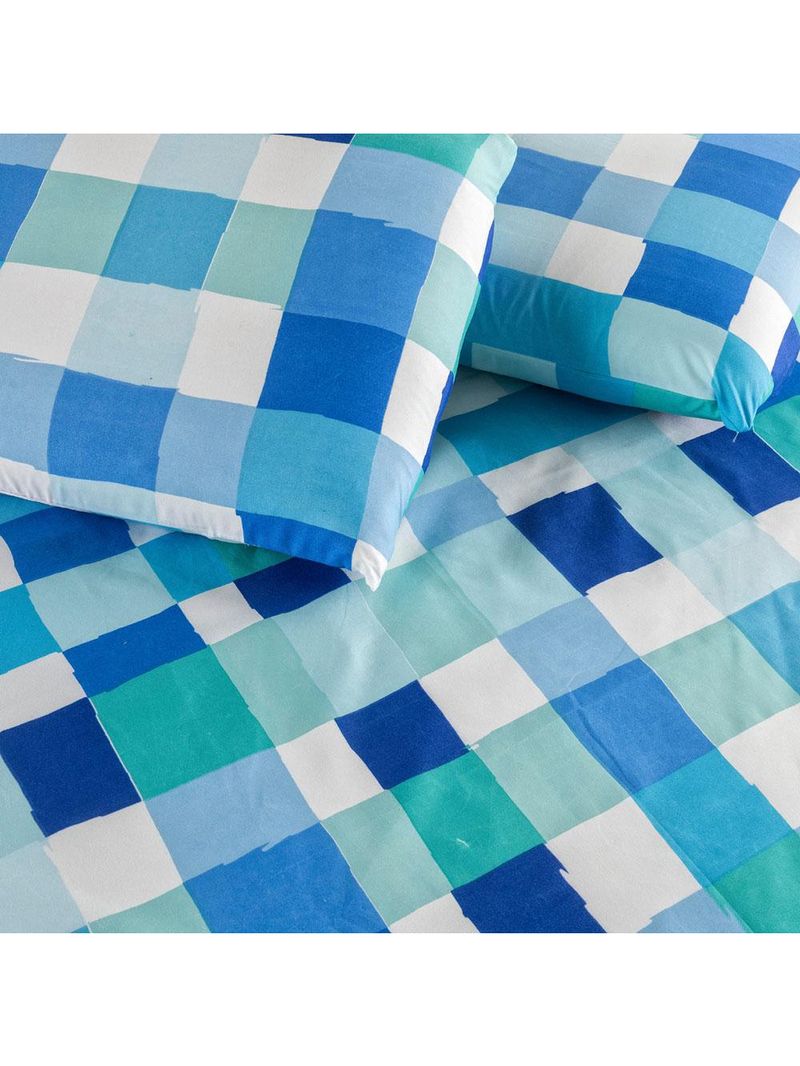 Kit cobre leito colcha turin queen estampada c/ babado 400 fios 3 peças xadrez quadriculado azul