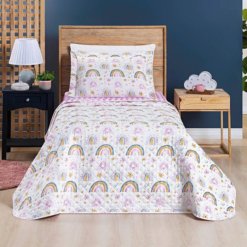 Kit cobre leito colcha solteiro infantil lutti dupla face 200 fios 2 peças arco Íris rainbow