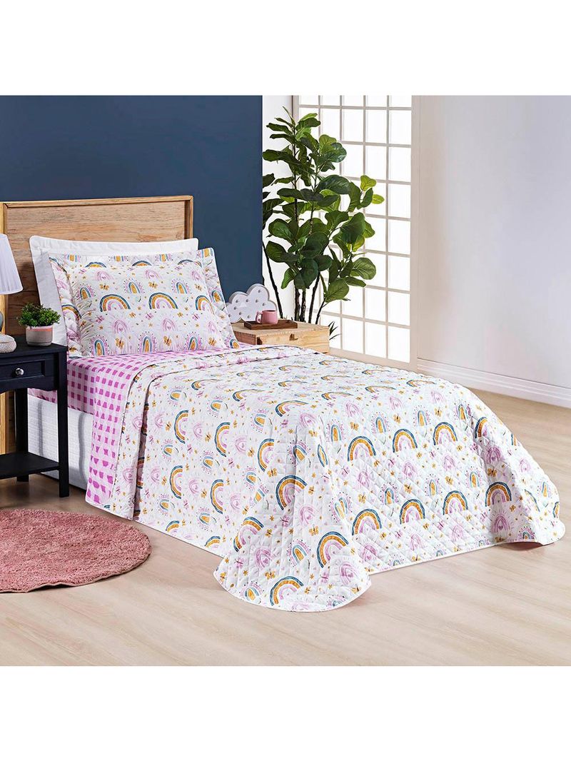 Kit cobre leito colcha solteiro infantil lutti dupla face 200 fios 2 peças arco Íris rainbow